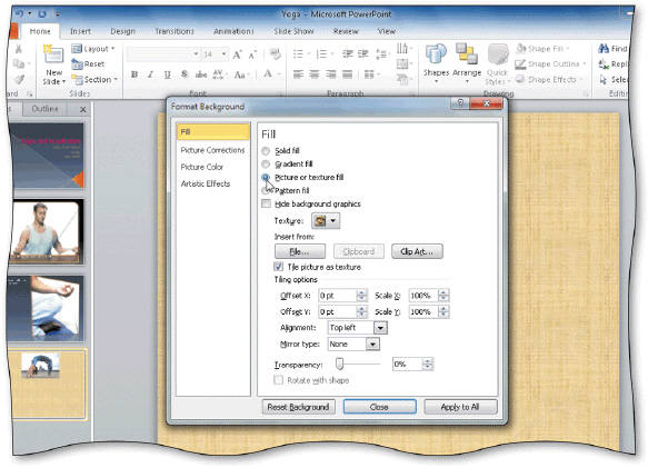   You can _____ anywhere on a slide and then click Format Background to open the Format Background dialog box, shown in the accompanying figure. A) click B) triple-click C) right-click D) double-click