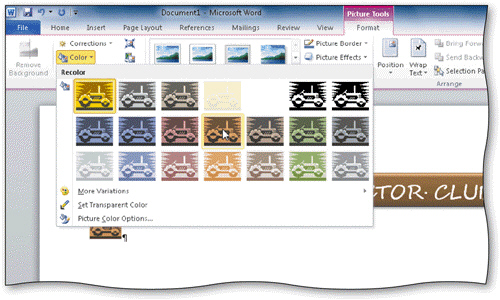If you want to use the gallery shown in the accompanying figure to change a graphic back to its original colors, you can click Restore in the gallery.