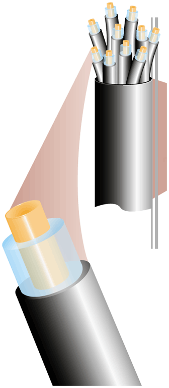   _________________________ cable, as shown in the accompanying figure, contains glass fibers surrounded by a layer of glass cladding and a protective outer jacket.