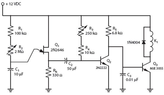 In the accompanying figure, the time between pulses is determined by the RC time constant of ____  and C1.   A)  R1 - R2 B)  R1 + R2 C)  R1 X R2 D)  R1 / R2