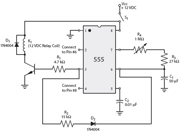 In the accompanying figure, once capacitor C1 has been charged, it is prevented from discharging  through resisters R3 and R4.      