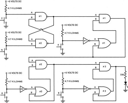 If the INVERTERS are counted as gates, the circuit in the accompanying figure requires a connected of ____ different gates.     A)  three B)  seven C)  eight D)  eleven