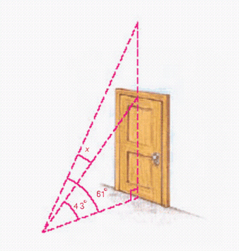 The figure below shows part of a room. From a point on the floor, the angle of elevation to the top of the door is   whereas the angle of elevation to the ceiling above the door is   . Use this diagram to write an equation involving   and then solve the equation to find the number of degrees in the angle that extends from the top of the door to the ceiling.   A)    B)    C)    D)    E)   