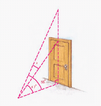 The figure below shows part of a room. From a point on the floor, the angle of elevation to the top of the door is   whereas the angle of elevation to the ceiling above the door is   . Use this diagram to write an equation involving   and then solve the equation to find the number of degrees in the angle that extends from the top of the door to the ceiling.   Equation: __________ Solution: x = __________ degrees