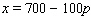 The relationship between the number of calculators a company sells per week, x , and the price p of each calculator is given by the equation   . At what price should the calculators be sold if the weekly revenue is to be   ? ( Hint : The equation for revenue is   .)  A) $2 B) $2 and $5 C) $7 D) $2 and $7 E) $7 and $10