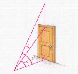 The figure below shows part of a room. From a point on the floor, the angle of elevation to the top of the door is   , whereas the angle of elevation to the ceiling above the door is   . Use this diagram to write an equation involving   , and then solve the equation to find the number of degrees in the angle that extends from the top of the door to the ceiling.   A)    B)    C)    D)    E)   