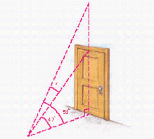 The figure below shows part of a room. From a point on the floor, the angle of elevation to the top of the door is   , whereas the angle of elevation to the ceiling above the door is   . Use this diagram to write an equation involving   , and then solve the equation to find the number of degrees in the angle that extends from the top of the door to the ceiling.   Equation: __________ Solution: x = __________ degrees