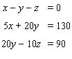 In the following diagram of an electrical circuit, x , y , and z represent the amount of current (in amperes)  flowing across the 5-ohm, 20-ohm, and 10-ohm resistors, respectively.   The system of equations used to find the three currents, x , y , and z is   A)    B)    C)    D)    E)   