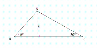 In the figure below, triangle ABC has angles   and   and height k . Find the lengths of sides AB , BC , and AC , in terms of k .   A)    B)    C)    D)    E)   