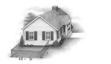 Justin wants to fence 3 sides of a rectangular exercise yard for his dog. The fourth side of the exercise yard will be a side of the house. He has 40 feet of fencing available. Find the dimensions of the exercise yard that will enclose the maximum area.   A)    B)    C)    D)    E)   
