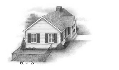 Justin wants to fence 3 sides of a rectangular exercise yard for his dog. The fourth side of the exercise yard will be a side of the house. He has 80 feet of fencing available. Find the dimensions of the exercise yard that will enclose the maximum area. Side x = __________ Side 80 - 2 x = __________  