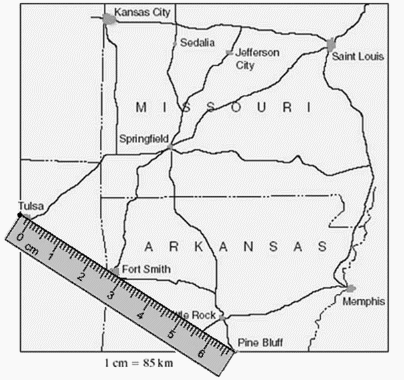 Use the map given below to find the approximate air distance between Tulsa and Fort Smith.   A)  221 km B)  442 km C)  121 km D)  22.1 km E)  371 km