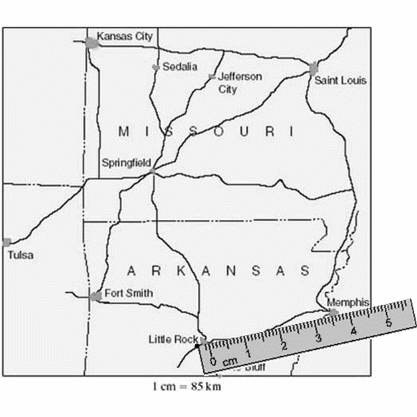 Use the map given below to find the approximate air distance between Memphis and Little Rock.   A)  596 km B)  383 km C)  29.8 km D)  298 km E)  48 km