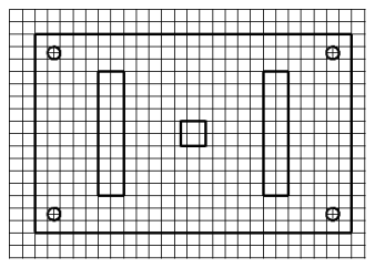  Use the scale drawing of a metal plate cover in the figure below to answer the question. What are the dimensions of the rectangular holes?   Side of square = 0.1 cm A)   0.2 \mathrm {~cm} \times 2 \mathrm {~cm}  B)   0.2 \mathrm {~cm} \times 1 \mathrm {~cm}  C)   0.02 \mathrm {~cm} \times 0.1 \mathrm {~cm}  D)   0.4 \mathrm {~cm} \times 2 \mathrm {~cm}  E)   0.2 \mathrm {~cm} \times 0.1 \mathrm {~cm}