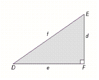 The angle adjacent to side e is _____.   A)  ∠D B)  ∠F C)  ∠E