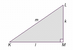 Use the right triangle in the illustration and the Pythagorean theorem to find the unknown side. k = 20.2 mi, l = 16.1 mi   Side m is __________ mi.
