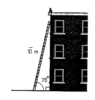  The recommended safety angle of a ladder against a building is 71 <sup>o</sup>. A  1 \overline { 0 }  -m ladder will be used. How high up on the side of the building will the ladder safely reach? (See the illustration.)  Round your answer to the appropriate number of significant digits.   A)  11 m B)  9.5 m C)  8.9 m D)  7.8 m E)  8.4 m 