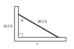  A piece of conduit 39.0 ft long cuts across the corner of a room, as shown in the illustration. Find length x and angle A. Round each answer to the appropriate number of significant digits.   A)   \angle A =  59.7°, x = 34.7 ft B)   \angle A =  61.4°, x = 33.0 ft C)   \angle A =  60.8°, x = 34.1 ft D)   \angle A =  58.6°, x = 31.9 ft E)   \angle A =  59.1°, x = 32.4 ft 