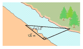 Find the width of the river in the illustration. Round your answer to the appropriate number of significant digits.   A)  113 m B)  108 m C)  105 m D)  115 m E)  112 m
