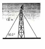  The cables attached to a TV relay tower are  13 \overline { 0 }  m long. They meet level ground at an angle of 50 <sup>o</sup>, as in the illustration. Find the height of the tower. Round your answer to the appropriate number of significant digits.   A)  99.6 m B)  96.9 m C)  98.0 m D)  100.0 m E)  98.5 m 
