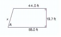  Find length x and angle A in the illustration. Round your answer to the appropriate number of significant digits.   A)   \angle A = 54.6 ^ { \circ } , 24.2 \mathrm { ft }  B)   \angle A = 56.3 ^ { \circ } , 23.1 \mathrm { ft }  C)   \angle A = 53.5 ^ { \circ } , 24.8 \mathrm { ft }  D)   \angle A = 54.3 ^ { \circ } , 23.9 \mathrm { ft }  E)   \angle A = 55.2 ^ { \circ } , 25.9 \mathrm { ft }