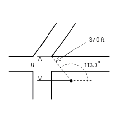  A benchmark has been covered up with dirt and needs to be found. The CAD drawing shows it is located 37.0.0-feet from a property stake at an angle of  1130 ^ { \circ }  What distance  B  from the stake parallel to the curb line should you start to dig to find this benchmark? Round your answer to the appropriate number of significant digits.   A)  30.1 ft B)  29.0 ft C)  32.8 ft D)  34.1 ft E)  37.3 ft 