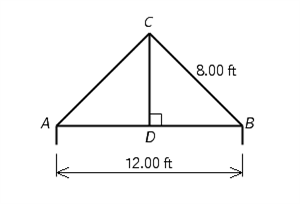 Find the angles A and ACB, and length CD in the roof shown in the illustration below, where AC = BC. Do not use rounded answers in your calculations. Round angles to the nearest tenth, and round side lengths to three significant digits.   ∠A =  __________°, ∠ACB = __________   CD = __________ ft