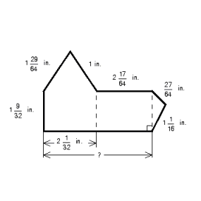  Find the perimeter of the figure.   A)   11 \frac { 25 } { 37 }  in. B)   12 \frac { 19 } { 64 }  in. C)   10 \frac { 25 } { 32 }  in. D)   11 \frac { 25 } { 32 }  in. E)   11 \frac { 50 } { 69 }  in. 