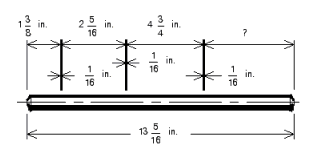  A rod  13 \frac { 5 } { 6 }  in. long has been cut as shown in the illustration. Assume the waste in each cut is  \frac { 1 } { 16 }  in. What is the length of the remaining piece?   A)   4 \frac { 11 } { 16 }  in. B)   5 \frac { 5 } { 16 }  in. C)   4 \frac { 3 } { 8 }  in. D)   5 \frac { 5 } { 8 }  in. E)   4 \frac { 3 } { 4 }  in. 
