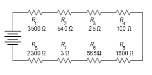  Find the total resistance in the series circuit.   A)   7,968 \Omega  B)   8,530 \Omega  C)   8,536 \Omega  D)   8,558 \Omega  E)   8,533 \Omega