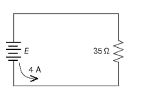  Ohm's law, in another form, states that in a simple circuit the voltage E (measured in volts, V)  equals the current I (measured in amps, A)  times the resistance R (measured in ohms,  \Omega  ) . Find the voltage E measured in volts (V)  in the electrical circuit.   A)  140 V B)  10 V C)  1,085 V D)  9 V E)  39 V 