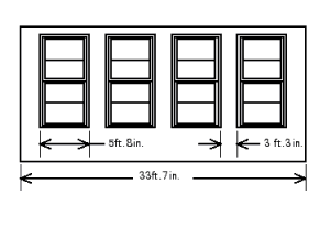  A sun room addition to a home has a wall  34 \mathrm { ft }  .  4 \text { in. }  long measured from inside wall to inside wall. Four windows are to be equally spaced in this wall. The windows are  5 \mathrm { ft }     8  wide including the inside window molding. What is the space between the wall and windows?   A)  7 inches B)  2 inches C)  19 inches D)  37 inches E)  8 inches 