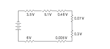 In a series circuit, the voltage of the source equals the sum of the separate voltage drops in the circuit. Find the voltage of the source in the circuit shown in the illustration.   A)  18.867 V B)  14.312 V C)  15.435 V D)  11.289 V E)  20.606 V