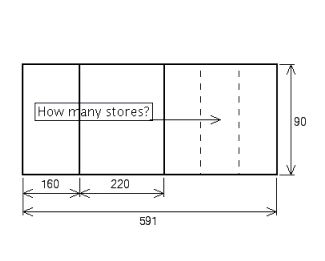 A single story shopping center is being designed to be 591 ft. long ×  90 ft. deep. Two stores have been pre-leased. One occupies 160 linear ft. and the other will occupy 220 linear ft. The owner is trying to decide how to divide the remaining space, knowing that the smallest possible space should be 4,000 ft <sup>2</sup>. How many stores can occupy the remaining area?   A)  7 B)  4 C)  8 D)  6 E)  5