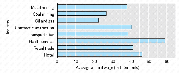  The table below gives the average annual wage in some year for workers in the given industries. Draw a bar graph for these data.    \begin{array} { | l | l | l | l | l | l | l | l | l | }  \hline \text { Industry } & \begin{array} { l }  \text { Metal } \\ \text { mining } \end{array} & \begin{array} { l }  \text { Coal } \\ \text { mining } \end{array} & \begin{array} { l }  \text { Oil and } \\ \text { gas } \end{array} & \begin{array} { l }  \text { Contract } \\ \text { construction } \end{array} & \text { Transportation } & \begin{array} { l }  \text { Health } \\ \text { service } \end{array} & \begin{array} { l }  \text { Retail } \\ \text { trade } \end{array} & \text { Hotel } \\ \hline \text { Wage (in \$)  } & 46,520 & 41,480 & 59,130 & 40,750 & 38,700 & 38,140 & 26,830 & 22,540 \\ \hline \end{array}  A)    B)    C)    D)    E)    
