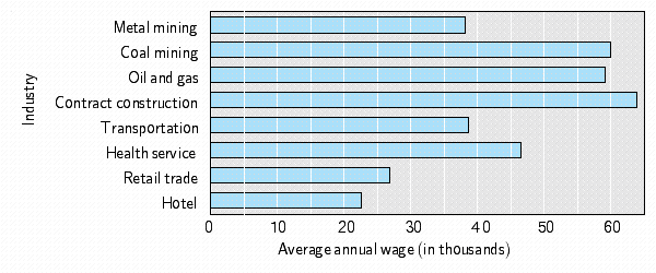  The table below gives the average annual wage in some year for workers in the given industries. Draw a bar graph for these data.    \begin{array} { | l | l | l | l | l | l | l | l | l | }  \hline \text { Industry } & \begin{array} { l }  \text { Metal } \\ \text { mining } \end{array} & \begin{array} { l }  \text { Coal } \\ \text { mining } \end{array} & \begin{array} { l }  \text { Oil and } \\ \text { gas } \end{array} & \begin{array} { l }  \text { Contract } \\ \text { construction } \end{array} & \text { Transportation } & \begin{array} { l }  \text { Health } \\ \text { service } \end{array} & \begin{array} { l }  \text { Retail } \\ \text { trade } \end{array} & \text { Hotel } \\ \hline \text { Wage (in \$)  } & 46,520 & 41,480 & 59,130 & 40,750 & 38,700 & 38,140 & 26,830 & 22,540 \\ \hline \end{array}  A)    B)    C)    D)    E)    