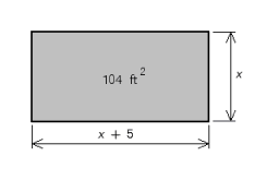 A rectangle is 7 ft longer than it is wide. The area of the rectangle is 98 ft <sup>2</sup>. Use a quadratic equation to find the dimensions of the rectangle.   length = __________ ft width = __________ ft