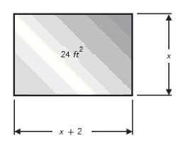  A rectangular piece of sheet metal is  2  ft longer than it is wide. (See the figure below.)  The area of the piece of sheet metal is  24     \mathrm { et } ^ { 2 }  Find its length and width.   A)   7 \mathrm { ft } \times 9 \mathrm { ft }  B)   4 \mathrm { ft } \times 7 \mathrm { ft }  C)   4 \mathrm { ft } \times 6 \mathrm { ft }  D)   5 \mathrm { ft } \times 7 \mathrm { ft }  E)   3 \mathrm { ft } \times 5 \mathrm { ft }