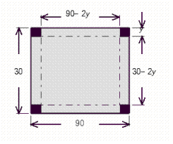 A square is cut out of each corner of a rectangular sheet of aluminum that is 30 cm by 90 cm.(See Illustration)  The sides are folded up to form a rectangular container with no top. The area of the bottom of the container is 1,600 cm <sup>2</sup>. What are the dimensions of each cut-out square? Find the volume of the container. (V = lwh)    A)  The side of cut-out square is 7.00 cm. The volume of the container is 8,030.00 cm <sup>3</sup>. B)  The side of cut-out square is 5.00 cm. The volume of the container is 16,000.00 cm <sup>3</sup>. C)  The side of cut-out square is 5.00 cm. The volume of the container is 8,000.00 cm <sup>3</sup>. D)  The side of cut-out square is 4.00 cm. The volume of the container is 8,000.00 cm <sup>3</sup>. E)  The side of cut-out square is 6.00 cm. The volume of the container is 8,020.00 cm <sup>3</sup>.