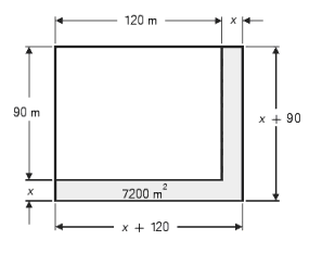  The area of a rectangular lot  120 \mathrm {~m}  by  90 \mathrm {~m}  is to be increased by  7,200 \mathrm {~m} ^ { 2 }  . (See the figure below.)  The length and the width will be increased by the same amount. What are the dimensions of the larger lot?   A)   150 \mathrm {~m} \times 180 \mathrm {~m}  B)   170 \mathrm {~m} \times 200 \mathrm {~m}  C)   110 \mathrm {~m} \times 200 \mathrm {~m}  D)   120 \mathrm {~m} \times 150 \mathrm {~m}  E)   90 \mathrm {~m} \times 120 \mathrm {~m}