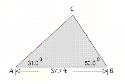 <strong>Find the lengths of rafters AC and BC of the roof shown in the Illustration. </strong> A) AC = 29.2 ft, BC = 19.7 ft B) AC = 25.3 ft, BC = 25.4 ft C) AC = 29.2 ft, BC = 19 ft D) AC = 25.3 ft, BC = 19.0 ft E) AC = 25.3 ft, BC = 19.7 ft