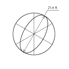 Follow the rules for working with measurements. Find the surface area and the volume of the sphere.   A)  A = 2,880 m <sup>2</sup>, V = 20,500 m <sup>3</sup> B)  A = 1,370 ft <sup>2</sup>, V = 5,190 ft <sup>3</sup> C)  A = 1,430 ft <sup>2</sup>, V = 5,140 ft <sup>3</sup> D)  A = 1,470 ft <sup>2</sup>, V = 5,100 ft <sup>3</sup> E)  A = 1,440 ft <sup>2</sup>, V = 5,130 ft <sup>3</sup>