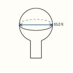 How many gallons of water can be stored in the spherical portion of the water tank shown in the illustration? (7.48 gal = 1 ft <sup>3</sup>)  Round your answer to the nearest thousand.   A)  328,000 gallons B)  583,000 gallons C)  582,000 gallons D)  573,000 gallons E)  590,000 gallons