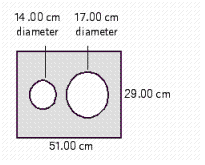 In the illustration, find the area of the rectangular piece of metal after the two circles are removed. Use the rules for working with measurements.   A)  The area is 4,392 cm <sup>2</sup>. B)  The area is 549 cm <sup>2</sup>. C)  The area is 2,196 cm <sup>2</sup>. D)  The area is 1,410 cm <sup>2</sup> E)  The area is 1,098 cm <sup>2</sup>.