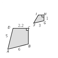 In the illustration, polygon ABCD is similar to polygon FGHI. Find∠H, FI, IH, BC. Round your answer to the nearest tenth.   A)  ∠H = 90°, FI = 2.5, IH = 1.1, BC = 2. B)  ∠H = 45°, FI = 2.5, IH = 1.1, BC = 2. C)  ∠H = 60°, FI = 2.5, IH = 2, BC = 1.1. D)  ∠H = 90°, FI = 1.1, IH = 2, BC = 5. E)  ∠H = 90°, FI = 2, IH = 1.1, BC = 5.