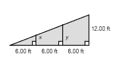 An inclined ramp is to be built so that it reaches a height of 12 ft over a 18 ft run. (See the illustration.)  Braces are placed every 6 ft. Find the height of braces x and y.   A)  x is equal to 4 ft, y is equal to 8 ft. B)  x is equal to 11 ft, y is equal to 22 ft. C)  x is equal to 3 ft, y is equal to 22 ft. D)  x is equal to 3 ft, y is equal to 6 ft. E)  x is equal to 7 ft, y is equal to 14 ft.