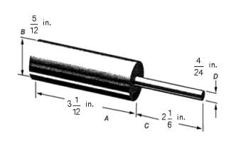A machinist must follow a part drawing with scale 1 to 24. Find the dimensions of the finished stock shown in the illustration. That is, find lengths A, B, C, D.   A)  A = 74 in., B = 11 in., C = 54 in., D = 5 in. B)  A = 10 in., B = 74 in., C = 52 in., D = 5 in. C)  A = 74 in., B = 10 in., C = 52 in., D = 4 in. D)  A = 4 in., B = 52 in., C = 10 in., D = 74 in. E)  A = 74 in., B = 10 in., C = 4 in., D = 52 in.