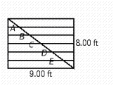 A 9 ft by 8 ft bookcase is to be built. It has horizontal shelves every foot. A support is to be notched in the shelves diagonally from one corner to the opposite corner. At what point should each of the shelves be notched? That is, find lengths A, B, C, D and E in the illustration. How long is the diagonal crosspiece? Round your answer to the nearest hundredth.   A)  A = 1.3 ft, B = 2.7 ft, C = 4 ft, D = 5.3 ft,E = 6.7 ft, the crosspiece is 12 ft. B)  A = 1.5 ft, B = 3 ft, C = 4.5 ft, D = 6 ft,E = 7.5 ft, the crosspiece is 12.04 ft. C)  A = 1.5 ft, B = 3 ft, C = 5.5 ft, D = 5 ft,E = 7.5 ft, the crosspiece is 12.04 ft. D)  A = 1.33 ft, B = 2.67 ft, C = 4 ft, D = 5.33 ft,E = 6.67 ft, the crosspiece is 12.04 ft. E)  A = 1.5 ft, B = 3 ft, C = 4.5 ft, D = 6 ft,E = 6.5 ft, the crosspiece is 12 ft.