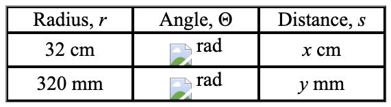 Find x and y to three significant digits using the formula s = rΘ (Θradians) .     A)  x = 106.667; y = 400 B)  x = 40; y = 67.021 C)  x = 33.51; y = 125.664 D)  x = 67; y = 251.327 E)  x = 10.7; y = 40