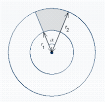Given two concentric circles (circles with the same center)  with central angle α = 45°, r <sub>1</sub> = 4.5 m, and r <sub>2</sub> = 9 m, find the shaded area in the illustration below. Round your answer to three significant digits.   A)  29.106 m <sup>2</sup> B)  47.713 m <sup>2</sup> C)  25.856 m <sup>2</sup> D)  7.594 m <sup>2</sup> E)  23.856 m <sup>2</sup>